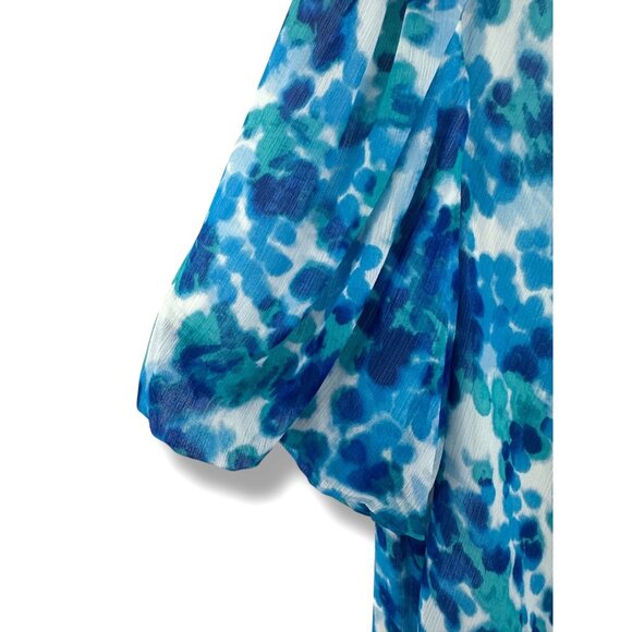DKNY Blue Green‎ Watercolor Print Chiffon Dress Size 12 Short Bubble Sleeves - Picture 5 of 9